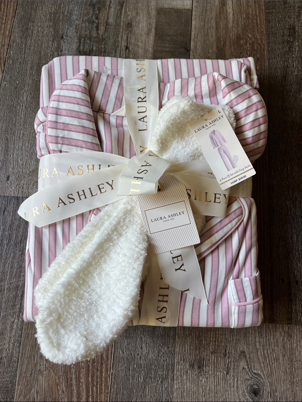 Laura Ashley Pink and White Striped Pajama Set with Cozy Socks